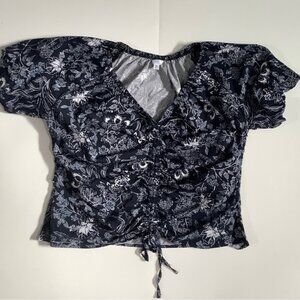 Time and Tru Blue and White Ruched Tie Front Blouse